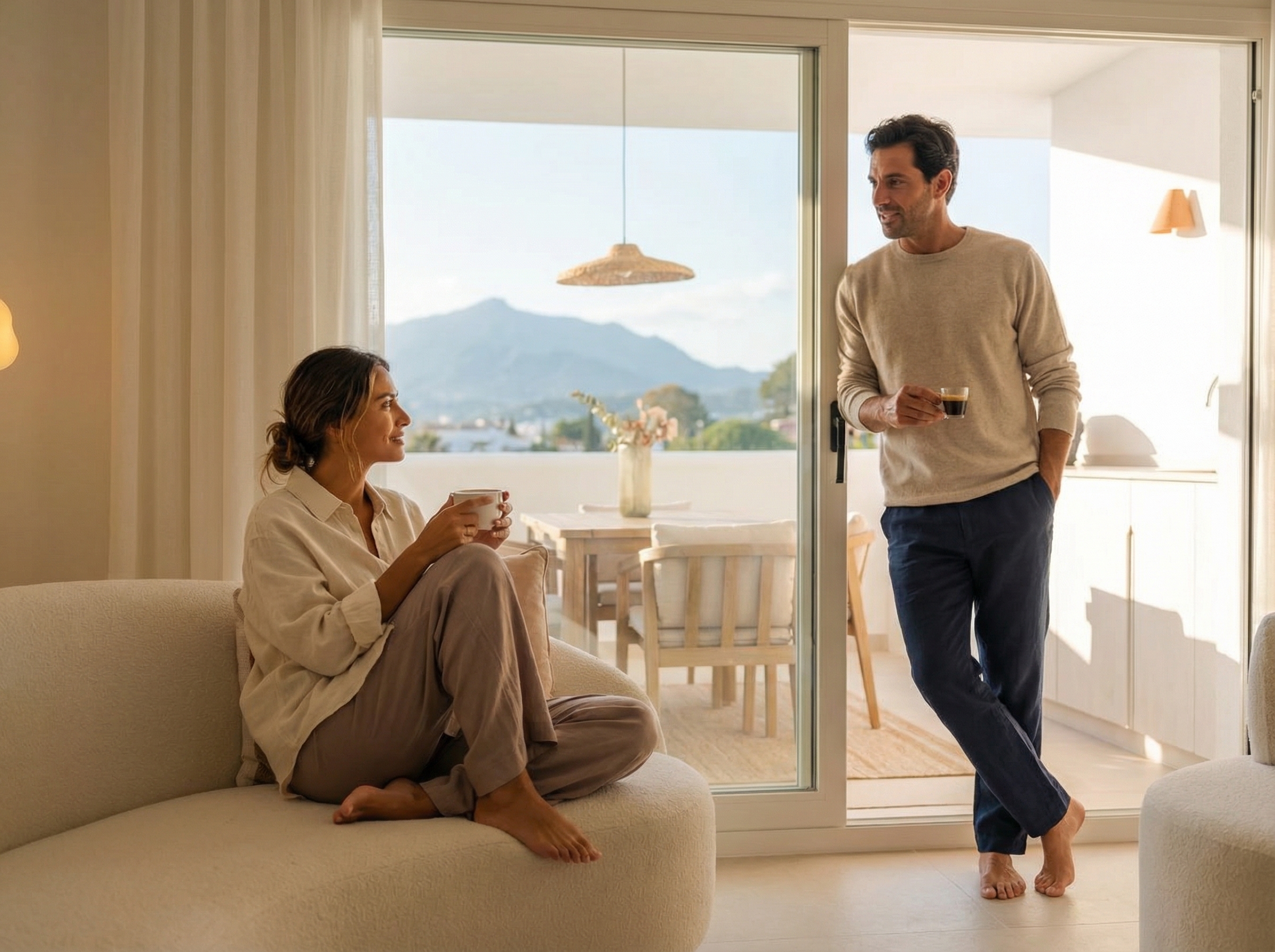 After: Couple enjoying morning coffee with mountain views